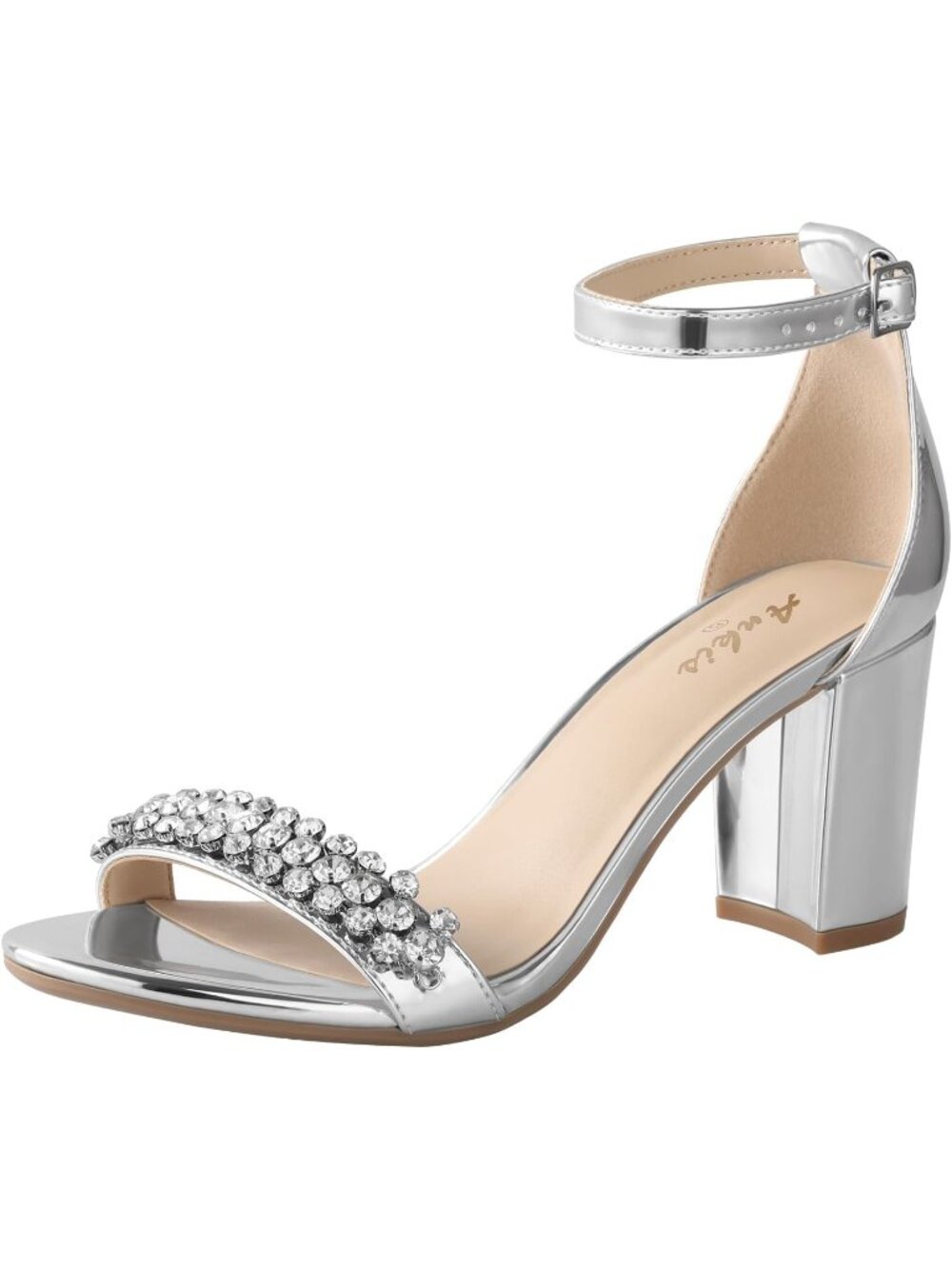 Womens Silver Rhinestone Polyurethane Open Toe Ankle Strap 2.75 Inch Heel Sandal